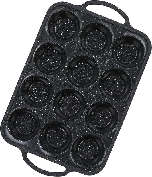 12-Cup Silicone Muffin Pans for Baking, Black with White Dots, Non-Stick with Reinforced Steel Frame for Stability, BPA-Free Bakeware