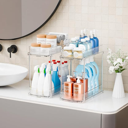 Yieach 3 Pack 13.8″ Deep 2 Tier Under Sink Storage Organizer,Large Pull Out Bathroom Organizers and Storage,Slide Out Acrylic Undersink Storage Shelf,Kitchen Under Sink Organizer for Cleaning Products
