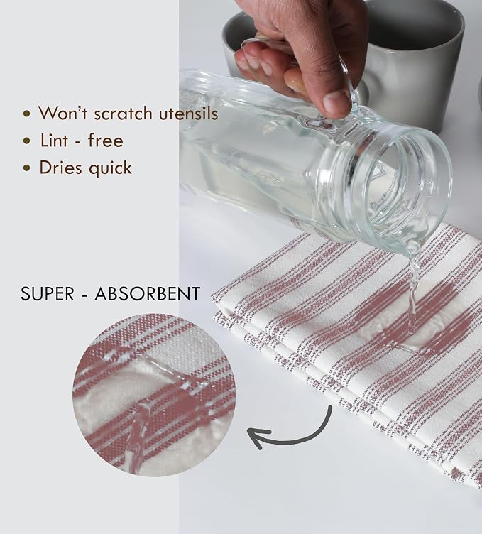 Twiny Threads Set of 4 Farmhouse Stripe Kitchen Towels (18x26 Inches) Premium Tea Towel with Hanging Loop, Highly Absorbent 100% Cotton Bulk Kitchen Hand Cloth for Drying Cleaning - Burgundy Wine