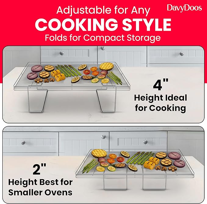 Flip-Free Crispmaster 1st Ever 4-Inch Elevated Roasting, Baking, and BBQ Rack for 360° Heat Stainless Steel Wings, Fries, Chicken, Veggies, Turkey for Oven, Grill, or Smoker 17” x 13”