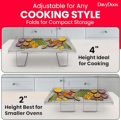 Flip-Free Crispmaster 1st Ever 4-Inch Elevated Roasting, Baking, and BBQ Rack for 360° Heat Stainless Steel Wings, Fries, Chicken, Veggies, Turkey for Oven, Grill, or Smoker 17” x 13”