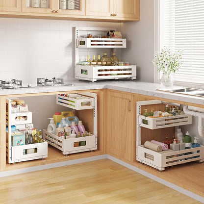 1 Pack Under Sink Organizer,Pull Out Cabinet Organizer With Smooth Cylindrical Rail,Metal Slide Out Drawer for Kitchen Bathroom Laundry Cabinet,8-Level Tool Free Height Adjustable-White