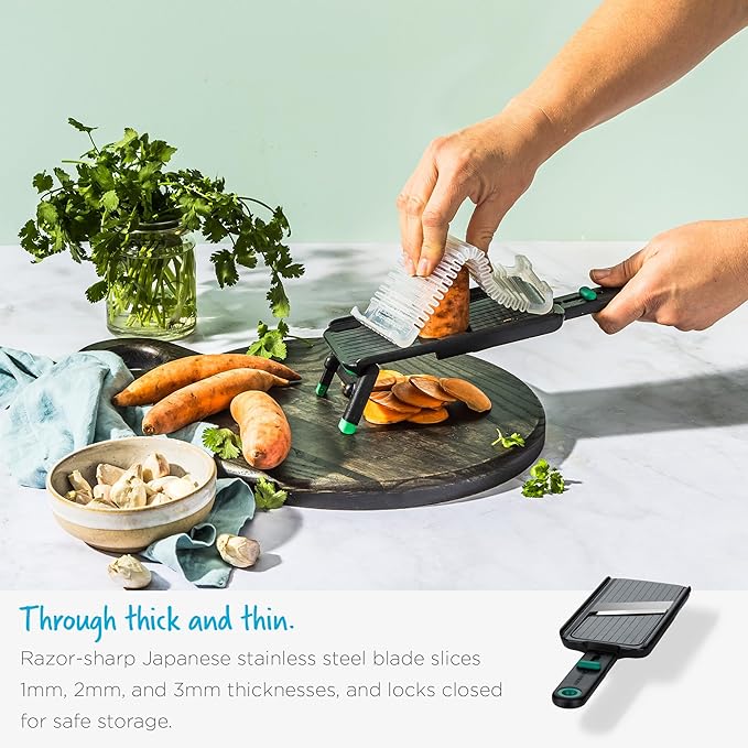 Dreamfarm Nocutu Handheld Safety Mandoline Slicer, Food Vegetable Cutter with Non-Slip Bowl Hook & Foot - Adjustable 1-3mm Slicer, Black/Green