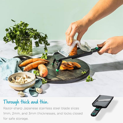 Dreamfarm Nocutu Handheld Safety Mandoline Slicer, Food Vegetable Cutter with Non-Slip Bowl Hook & Foot - Adjustable 1-3mm Slicer, Black/Green