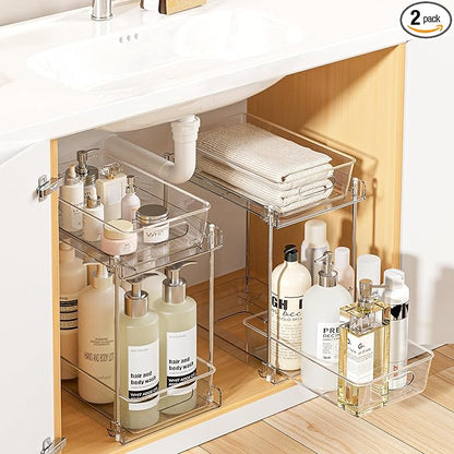 Vtopmart 2 Pack Higher Bathroom Organizer, 2 Tier White Under Sink Organizers Vanity Countertop Storage Container,Cabinet Drawers Bins, Pull-Out Organization with Track for Pantry, Kitchen