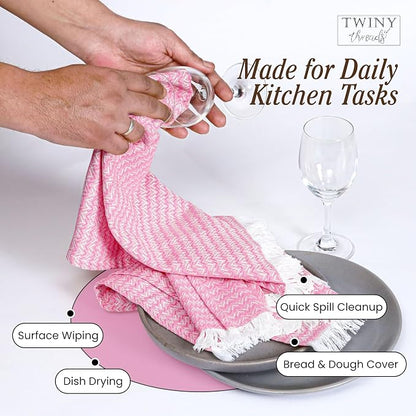TWINY threads Dish Towel Chevron Weave, Premium 100% Cotton Kitchen Linen Set, Large Dish Rags and Wash Rags, Absorbent Quick Drying, Washable Reusable Dishcloth Set, 12 Pack, 16"x26", Rose Pink