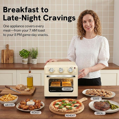 VAL CUCINA 6-in-1 Retro Air Fryer Toaster Oven Combo, Compact 12.7 QT Small Countertop Convection Oven, Fits 9" Pizza & 4 Toast, Hexagon Hybrid Heating, Enamel Baking Pan Included, Almond Yellow Color