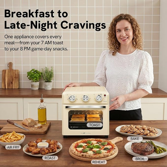 VAL CUCINA 6-in-1 Retro Air Fryer Toaster Oven Combo, Compact 12.7 QT Small Countertop Convection Oven, Fits 9" Pizza & 4 Toast, Hexagon Hybrid Heating, Enamel Baking Pan Included, Almond Yellow Color