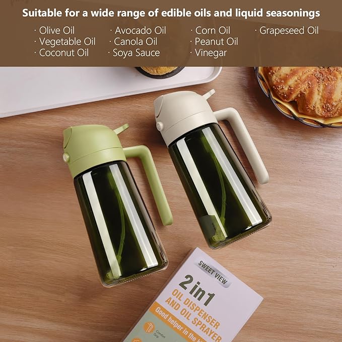 SWEET VIEW Olive Oil Dispenser and Oil Sprayer – 16oz/470ml Glass Light-Proof Oil Pourer for Kitchen Air Fryer, Cooking, Salad, and BBQ, with Stickers
