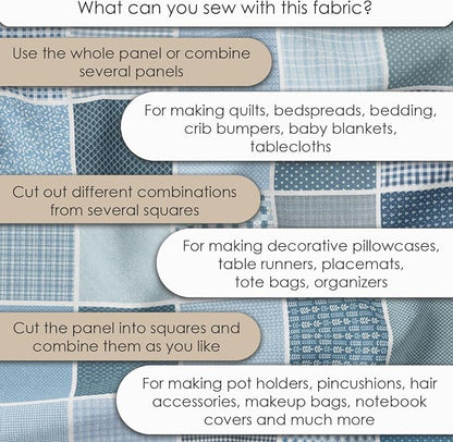 Cotton Satin Patchwork Fabric Panel – 35 Designs, 20×20 cm Squares, Single Piece 150×110 cm, Blue Patchwork Quilt Fabric (Blue Harmony Patchwork Set, 35pcs 8x8 inch)