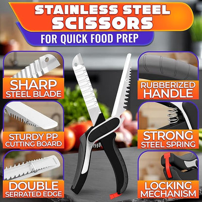 7-in-1 Cutting Board Scissors for Food - Heavy Duty Vegetable Scissors Food Cutter with Ribbed Blades, Chopping Board, Spring Assist, Safety Lock, Dishwasher Safe, Suitable for Meat & Vegetables