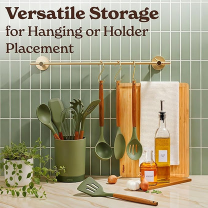 Silicone Kitchen Utensils Set & Holder: Cooking Utensils Set - Kitchen Essentials for New Home & 1st Apartment- Silicone Spatula Set, Cooking Spoons for Nonstick Cookware (Acacia Wood, Green)