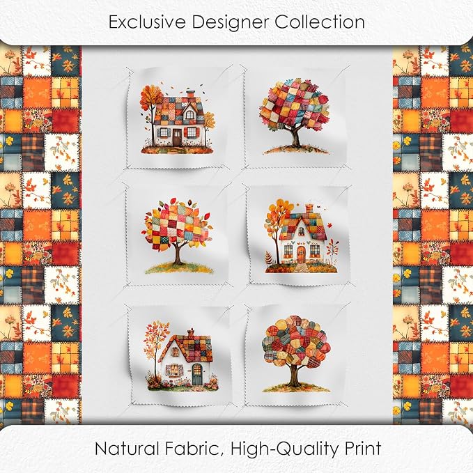 Autumn Patchwork Cottage Fabric Panel – Six 10×10 inch Designs + Bonus 29.5×19.6 inch Patchwork Sheet, 100% Turkish Cotton 140 GSM