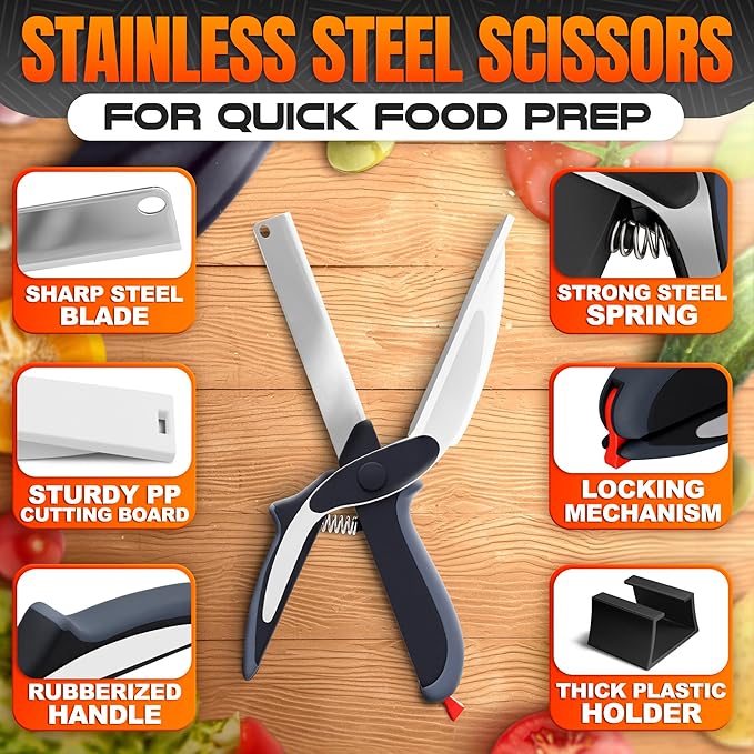 2 in 1 Cutting Board Scissors for Food - 9.6" Detachable Cheese Scissors with Cutting Board and Stainless Steel Blade - Easy-to-Use Veggie Cutter, Suitable for Fruits and Vegetables at Dad's Party