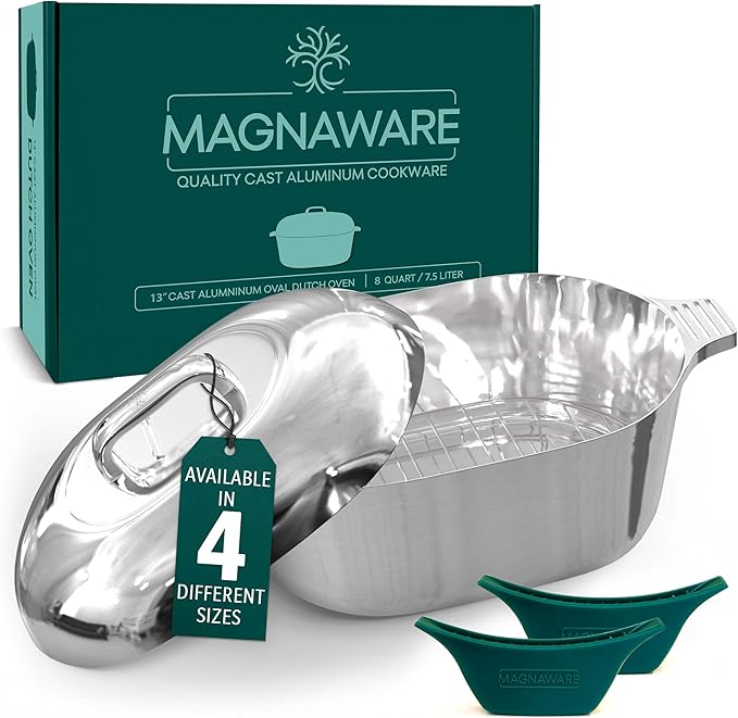 MAGNAWARE Cast Aluminum Oval Dutch Oven with Lid — 8 QT Heavy Duty Roaster Pan with Rack & Silicone Cover Dual Handles — Cajun Cookware for Roasting, Baking, Cooking (13" Medium)