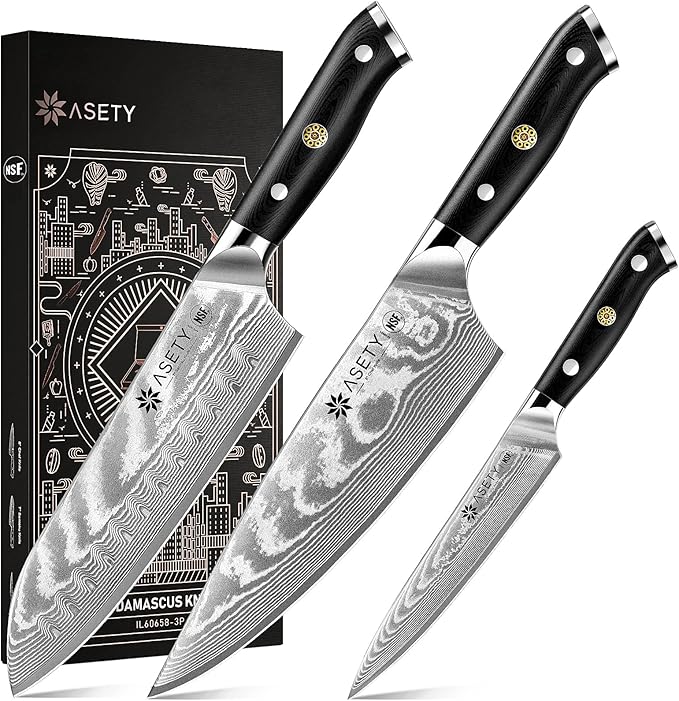 Damascus Knife Set 3 PCS: Japanese Kitchen Knives with VG10 Steel Core, Ultra-Sharp Professional Chef Knife Set, Full Tang G10 Handle, NSF Food-Safe, Elegant Box for Men Him Husband, Fathers day