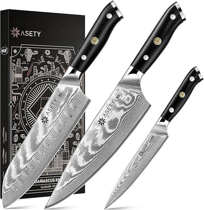 Damascus Knife Set 3 PCS: Japanese Kitchen Knives with VG10 Steel Core, Ultra-Sharp Professional Chef Knife Set, Full Tang G10 Handle, NSF Food-Safe, Elegant Box for Men Him Husband, Fathers day