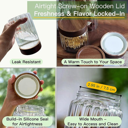 2-pack 28oz Borosilicate Glass Food Storage Jars with Airtight Screw Top Wooden Lids, Leak-Proof Decorative Kitchen Canister for Coffee Sugar Spices Snacks, Overnight Oats, Meal Prep