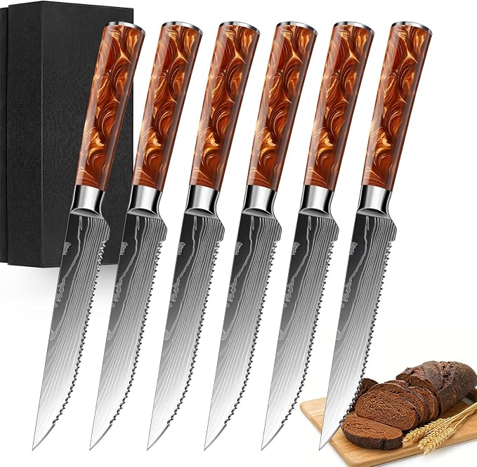 6-Piece Premium Japanese Kitchen Knife Set - Star Collection, Laser Damascus Pattern, 440A Stainless Steel Ultra Sharp for Fast Cutting (Red 6SK)