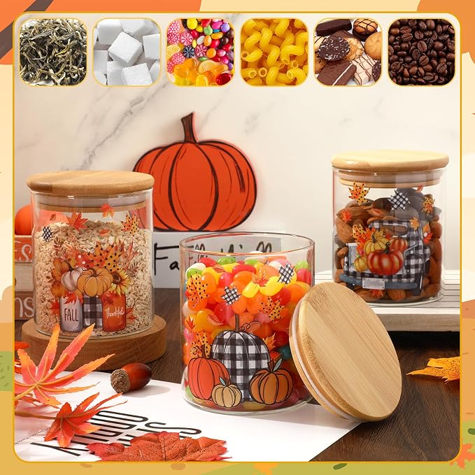 JarThenaAMCS 3Pcs Fall Glass Storage Jars with Airtight Lid Pumpkin Truck Leaves Clear Food Storage Canisters Sets for Autumn Thanksgiving Home Kitchen Countertop Decoration