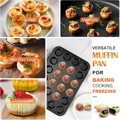 E-far 4 Pack Mini Muffin Pan 24-Cup - Nonstick Carbon Steel Cupcake Tin Tray for Little Bites & Freezer Prep | Warp-Free Bakeware Ensures Even Baking & Effortless Release, Regular Size & Oven Safe