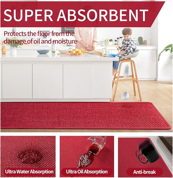 YDKGL Kitchen Mat Set of 2 PCS, Cushioned Non Slip Rugs for Kitchen Floor, Absorbent Runner Comfort Standing Mats Washable for Kitchen, Office, Home Red 17x30+17x59