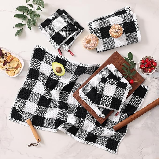 Homaxy Kitchen Towels and Dishcloths Set, 12 x 12 and 20 x 28 Inches, Set of 8 100% Cotton Waffle Weave Check Plaid Kitchen Dish Towels, Super Soft and Absorbent Dish Cloths, White & Black