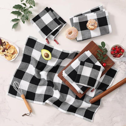Homaxy Kitchen Towels and Dishcloths Set, 12 x 12 and 20 x 28 Inches, Set of 8 100% Cotton Waffle Weave Check Plaid Kitchen Dish Towels, Super Soft and Absorbent Dish Cloths, White & Black