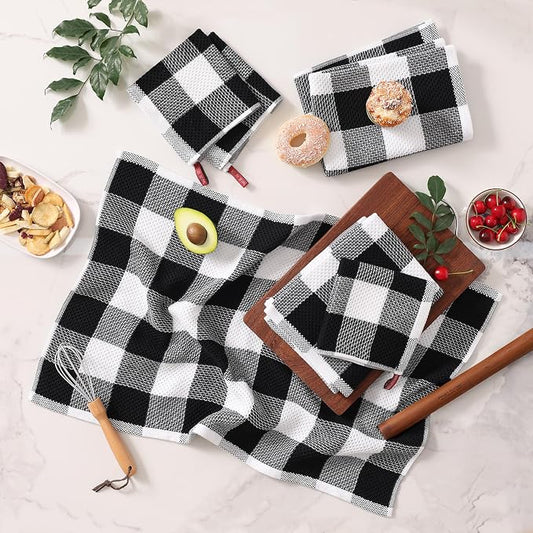 Homaxy Kitchen Towels and Dishcloths Set, 12 x 12 and 20 x 28 Inches, Set of 8 100% Cotton Waffle Weave Check Plaid Kitchen Dish Towels, Super Soft and Absorbent Dish Cloths, White & Black