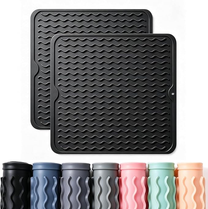 2 Pack Caketime Silicone Dish Drying Mat for Kitchen Counter Under Sink Protector Organizers Cooking Baking Espresso Machine Accessories Coffee Mats Appliance Stone Rack Trays Drain 12"x12" Black