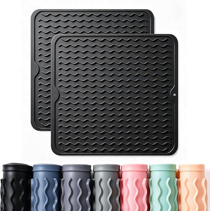 2 Pack Caketime Silicone Dish Drying Mat for Kitchen Counter Under Sink Protector Organizers Cooking Baking Espresso Machine Accessories Coffee Mats Appliance Stone Rack Trays Drain 12"x12" Black