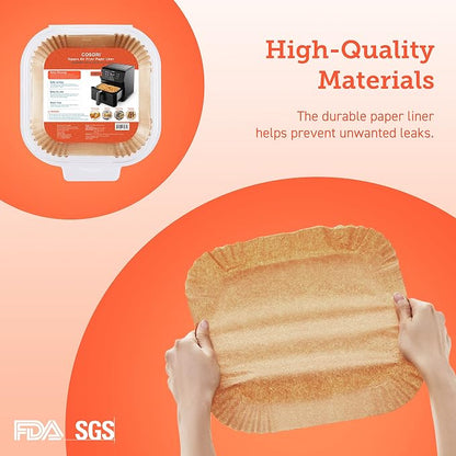 Cosori Air Fryer Liners, 100 PCS Square Disposable Paper Liners, Non-Stick Silicone Oil Coating, Little to No Cleaning, 7.9" Unbleached Food Grade, Resistant to 465°F, Thickened Not Easy to Break