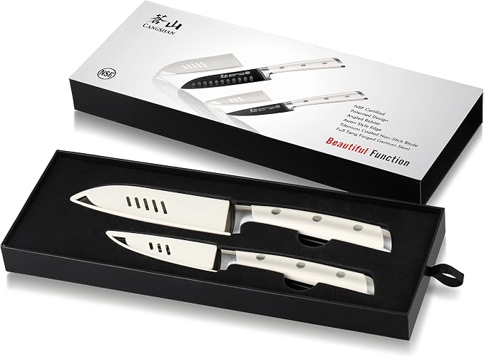 Cangshan S+ Series 1022100 German Steel Forged 2-Piece Titanium Coated Santoku Starter Knife Set with Sheaths, Vanilla White