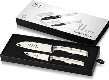 Cangshan S+ Series 1022100 German Steel Forged 2-Piece Titanium Coated Santoku Starter Knife Set with Sheaths, Vanilla White