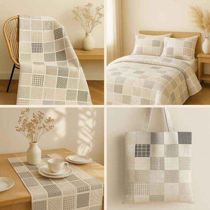Cotton Satin Patchwork Fabric Panel – 35 Designs, 20×20 cm Squares, Single Piece 150×110 cm, Neutral Grey Quilt Fabric (Elegant Beige Patchwork Set, 35pcs 8x8 inch)