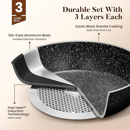 Kitchen Academy 17Pcs Induction Cookware Sets, Granite Pots and Pans Set Non Stick, Black Kitchen Cooking Pans, PFOA & PFOS Free