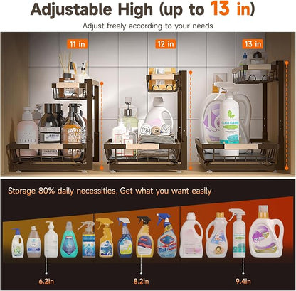 Sevenblue 2 Packs Under Sink Organizer, Height Adjustable 2 Tier Under Kitchen Sink Organizer, Multi-Purpose Storage Shelf for Kitchen Bathroom Cabinet (Brown, Large)