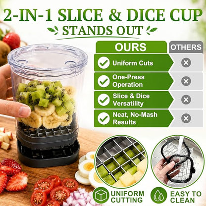 Hendiy 2-in-1 Fruit Slicer Cup, Stainless Steel Strawberry Slicer Dicer with Lid & Push Plate, Portable Kitchen Fruit Cutter for Strawberry Banana Grape Egg Vegetable Salad Gadget