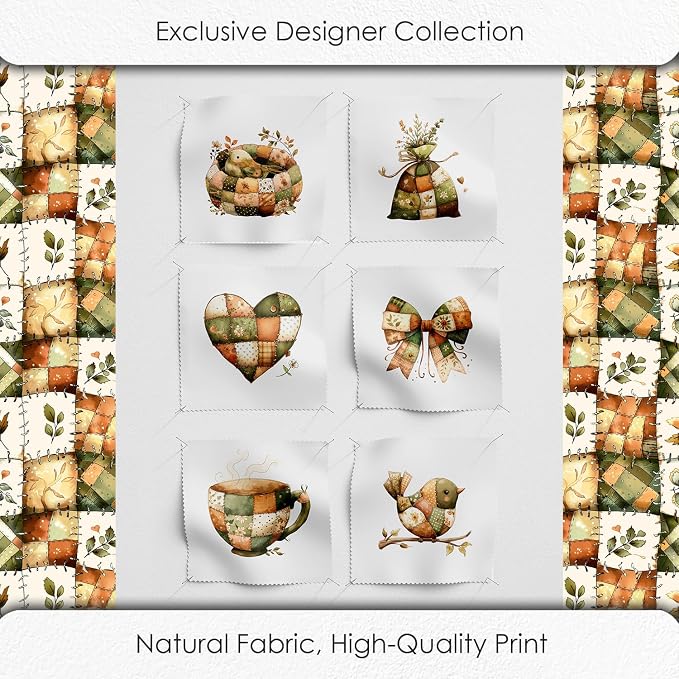 Rustic Patchwork Cotton Fabric Panel – 6 Designs (10"×10" inch Each) + Bonus Patchwork Sheet 29.5"×19.6" inch, 100% Cotton 140 GSM