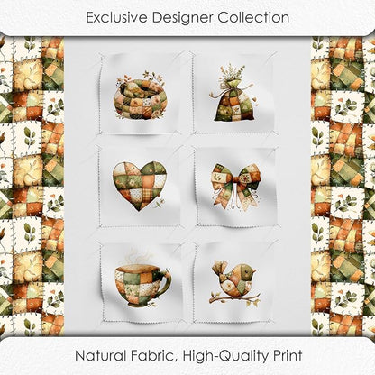 Rustic Patchwork Cotton Fabric Panel – 6 Designs (10"×10" inch Each) + Bonus Patchwork Sheet 29.5"×19.6" inch, 100% Cotton 140 GSM