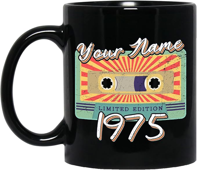 Personalized Vintage Cassette Tape Vintage 1975 Mug, Custom Your Name, 1975 Retro Coffee Mug, 47th Birthday Present Gifts, 1975 Birthday Gift For Friends Family, Customizable Black Tea Cups
