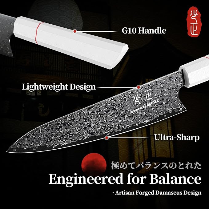 DRGSKL Damascus Chef Knife 8 Inch - VG10 Kitchen Knife for Meat Cutting - Japanese G10 Handle - Sharp Cooking Knives for Vegetables and Fruit - with Gift Box