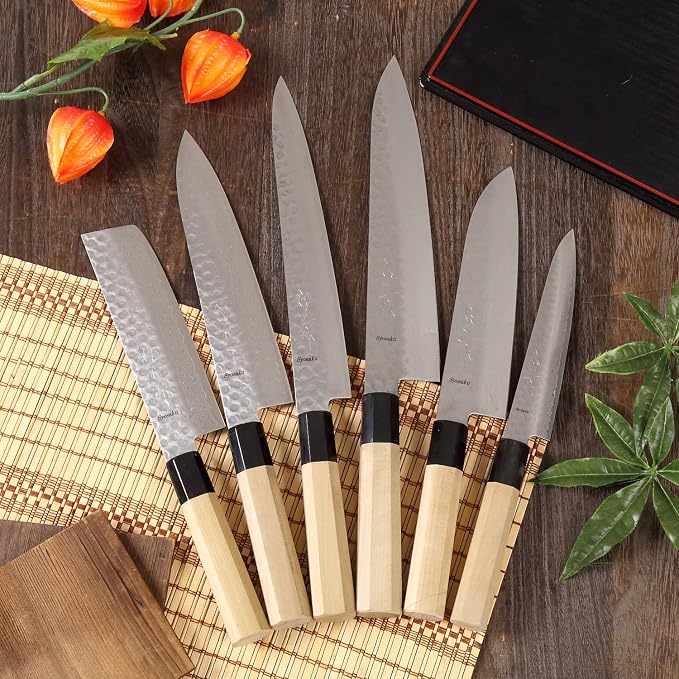 Japanese Multi Purpose Chef Knife Hammered Damascus VG-10 46 Layer Octagonal Magnolia Wood Handle, Santoku 7-inch (180mm)
