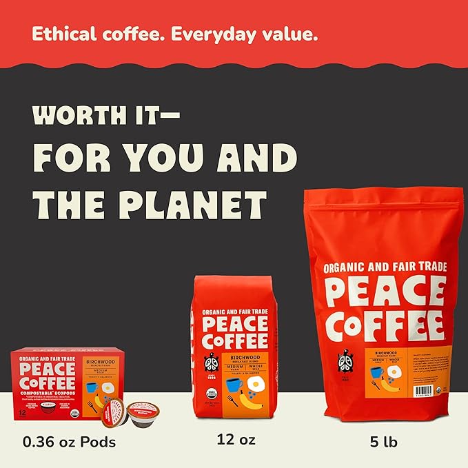 Peace Coffee Tree Hugger Signature Blend Ground Dark Roast Coffee, 12 oz, Pack of 3, Organic Fair Trade, Nutty, Smooth Flavor, Shade Grown, Fresh Roasted