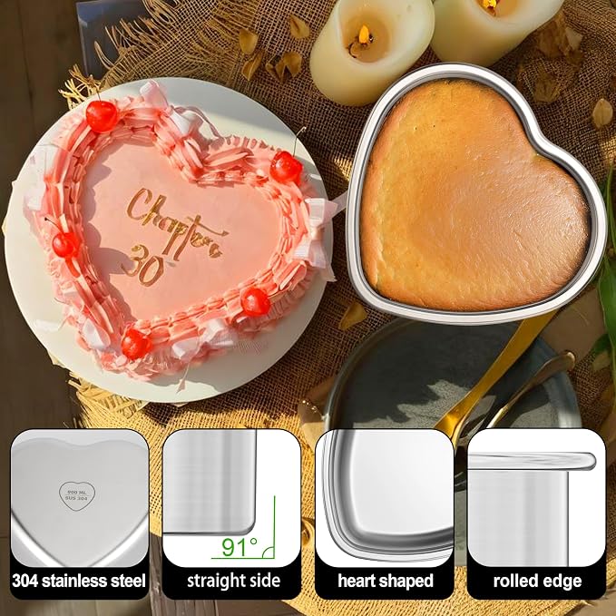 AWTBDP Heart Shaped Cake Pans, Nonstick 6x3 Inch Heart Cake Pan for Layer Cakes 1-2 Servings, Stainless Steel Small Cake Pan Tins for Birthday/Valentine's Day/Wedding/Anniversary, Dishwasher Safe