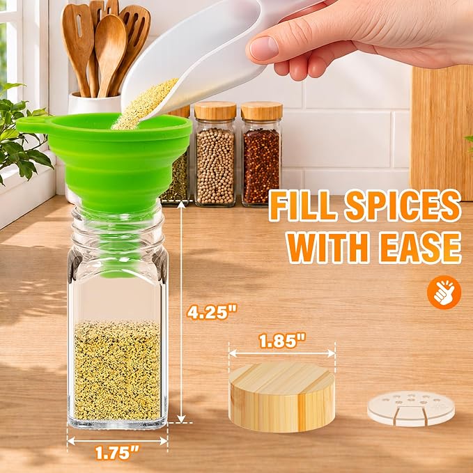Glass Spice Jars with Label 24Pcs Spice Containers with Bamboo Lids 360 Labels 4oz Square Spice Bottles with Shaker Lids Funnel Brush Spice Organization for Cabinet Spice Rack Kitchen Storage