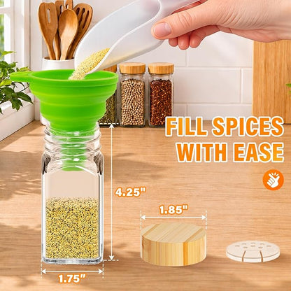 Glass Spice Jars with Label 24Pcs Spice Containers with Bamboo Lids 360 Labels 4oz Square Spice Bottles with Shaker Lids Funnel Brush Spice Organization for Cabinet Spice Rack Kitchen Storage