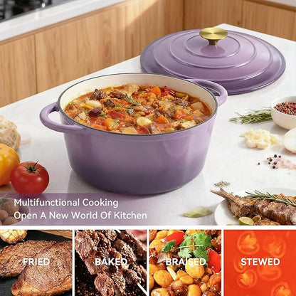 Miereirl 4.5 Quart Enameled Dutch Oven Pot with Lid, Cast Iron Dutch Oven with Dual Handles for Bread Baking, Cooking, Non-stick Enamel Coated Cookware, Purple