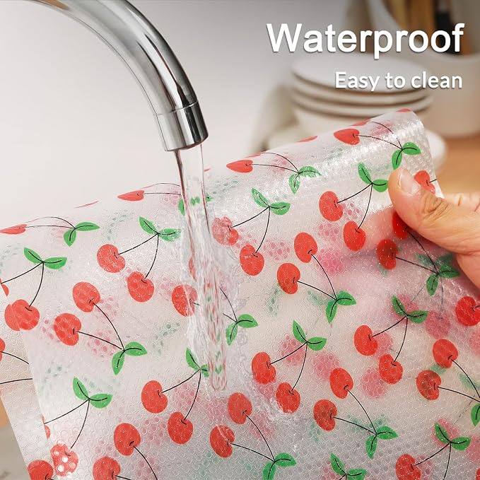Cooyes Shelf Liner, Non-Adhesive Waterproof Shelf Paper with Fruit Pattern, Easy to Cut and Durable EVA Cabinet & Drawer Mat for Kitchen (11.8 Inch W x 236 Inch L, Red Cherry)