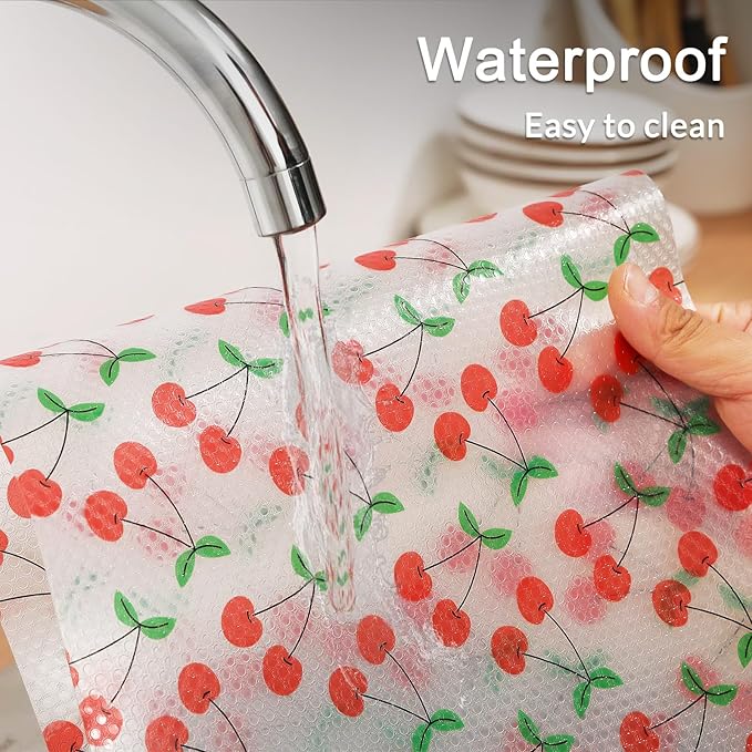 Cooyes Shelf Liner, Non-Adhesive Waterproof Shelf Paper with Fruit Pattern, Easy to Cut and Durable EVA Cabinet & Drawer Mat for Kitchen (17.5 Inch W x 78 Inch L, Red Cherry)